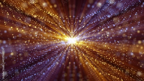 Abstract glitzy background with glowing, glittering gold and blue particles and shimmering light rays. Full HD and looping glamour motion background animation.