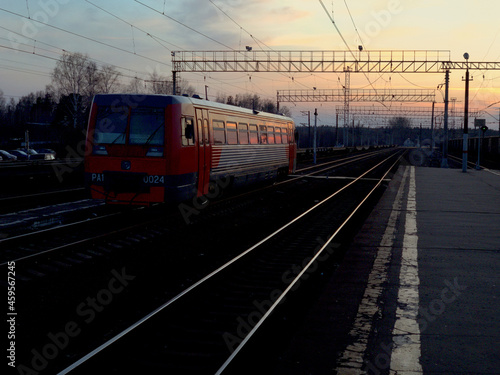 Last evening train at the far station. Long distance trains. Russia, Moscow region.