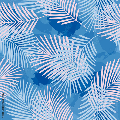 Tropical pattern, palm leaves seamless vector background. Exotic plant on watercolor stains artistic jungle print. Leaves of palm tree. ink brush