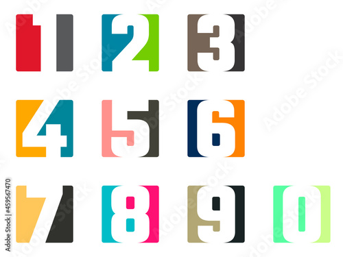 Logo numbers. Set of vector symbols for numeric logotypes: 1, 2, 3, 4, 5, 6, 7, 8, 9 and 0. Two-color emblems for the design of firms and companies with a number in the name. Different color options.