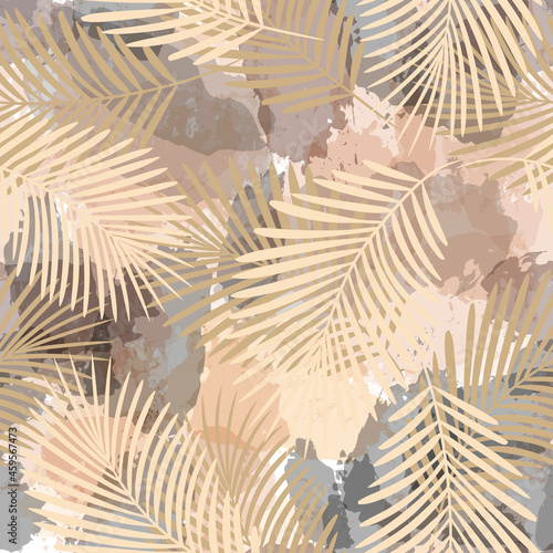 Tropical pattern, palm leaves seamless vector background. Exotic plant on watercolor stains artistic jungle print. Leaves of palm tree. ink brush