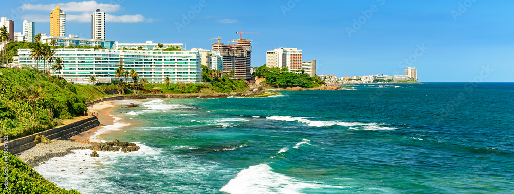 Panoramic image of paridisiac tropical beach in the urban area of the city of Salvador in the state of Bahia, Brazil