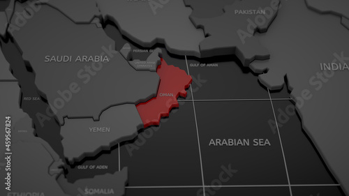 Highlighted by red Oman on gray world map