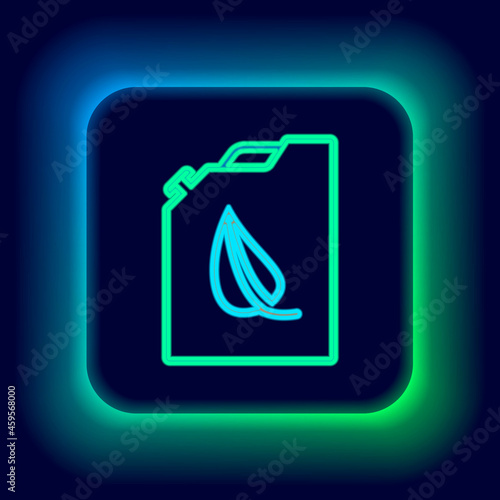 Glowing neon line Bio fuel canister icon isolated on black background. Eco bio and barrel. Green environment and recycle. Colorful outline concept. Vector