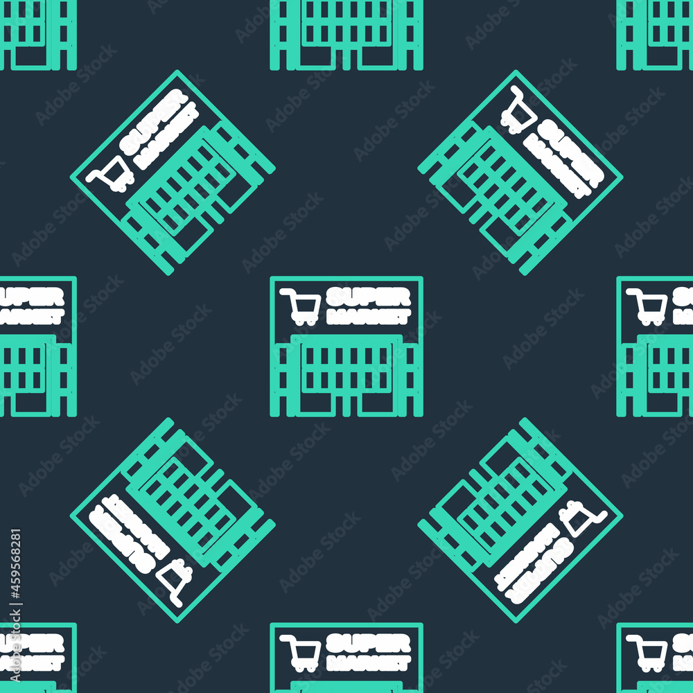 Line Supermarket building with shopping cart icon isolated seamless pattern on black background. Shop or store. Mall building. Vector Line Supermarket building with shopping cart icon isolated seamless pattern on black background. Shop or store. Mall building. Vector