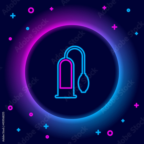 Glowing neon line Penis pump icon isolated on black background. Penis enlarger. Sex toy for men. Vacuum pump with a blower to increase the penis. Colorful outline concept. Vector