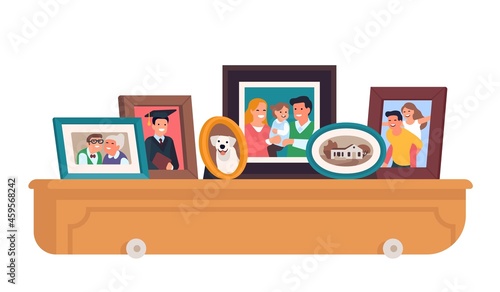 Family standing photos. Framed people portraits on dresser. Photographs of parents and grandparents with kids or pet. Relatives and home snapshot in decorative frameworks. Vector concept