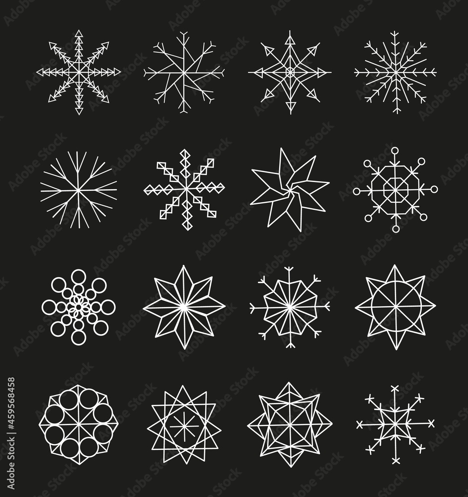Geometric flat snowflakes. Collection of ice frozen crystal silhouette and abstract snow ornaments for winter design isolated. Christmas frost decor white elements, vector icons set