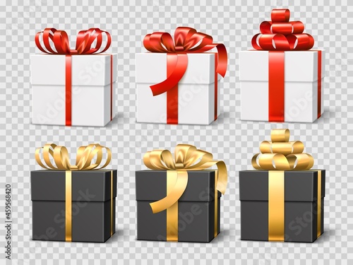 Black and white gift boxes. Realistic birthday and xmas present mockup isolated on transparent background, red and gold satin ribbons and bows, side and angle view holiday wrap. Vector set