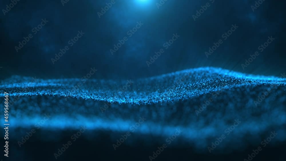 Abstract blue technology background with a flowing digital light wave of glowing blue data particles. Modern tech motion background animation with shallow depth of field and bokeh effect. Abstract blue technology background with a flowing digital light wave of glowing blue data particles. Modern tech motion background animation with shallow depth of field and bokeh effect.