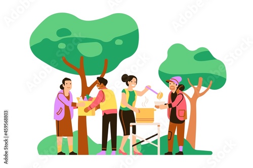 Volunteer support. Food distribution to homeless and needy. Social workers help people. Charity and aid. Activists give food to paupers in park. Free products. Vector volunteering concept