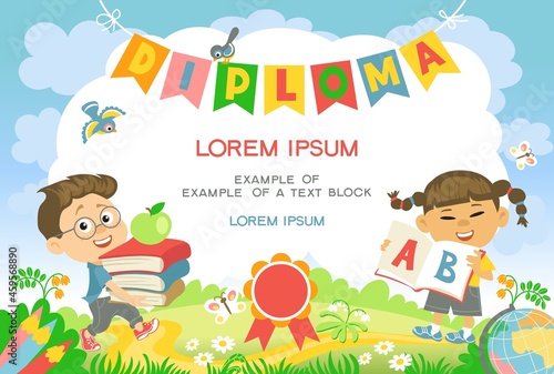 Kids school certificate. Diploma design mockup for year end. Pupils with big books. Graduation letter with copy space. Funny children in lawn. Students or preschools. Vector concept