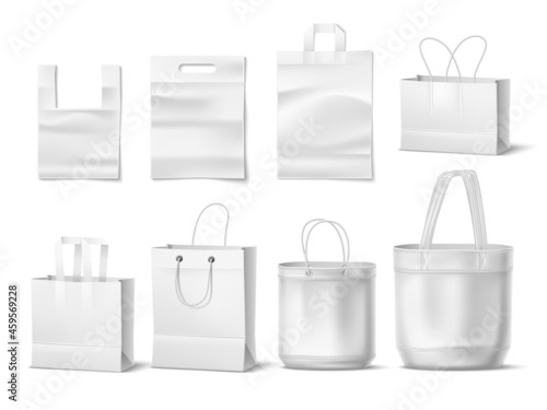 Realistic shopping bags. White clean paper, plastic and canvas textile bags, blank mockup, 3d packages with different types of handles, store purchase wrapping, vector set