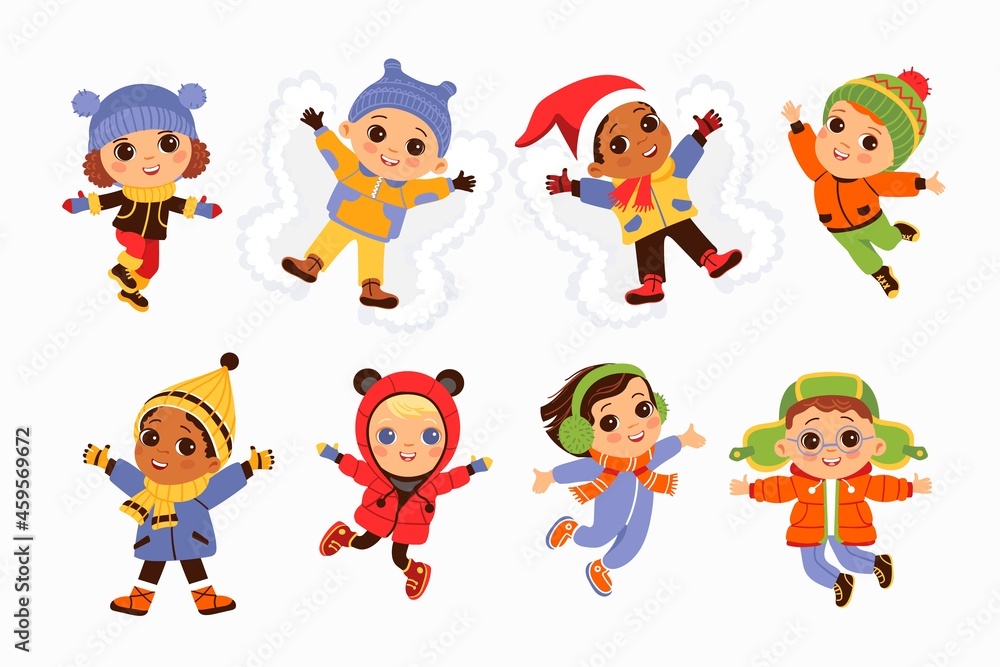 Kids jump in winter clothes. Children playing in snow. Outdoor activity. Boys and girls in Xmas and New Year holidays. People wear warm clothing and lying in snowdrifts. Vector babies set Kids jump in winter clothes. Children playing in snow. Outdoor activity. Boys and girls in Xmas and New Year holidays. People wear warm clothing and lying in snowdrifts. Vector babies set