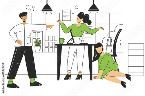 Colleagues in the office. A woman is hiding from an angry boss. An angry, dissatisfied angry boss. A frightened employee. Vector illustration