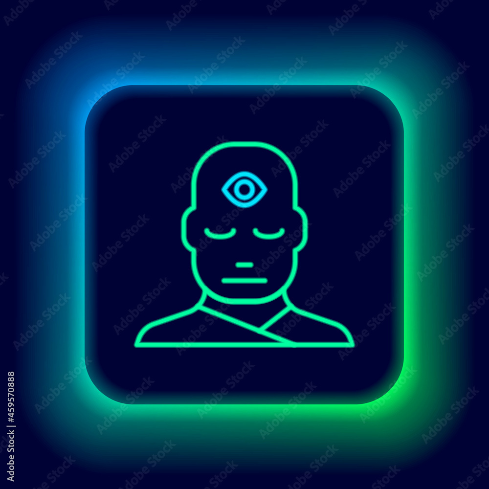 Glowing neon line Man with third eye icon isolated on black background. The concept of meditation, vision of energy, aura. Colorful outline concept. Vector Glowing neon line Man with third eye icon isolated on black background. The concept of meditation, vision of energy, aura. Colorful outline concept. Vector