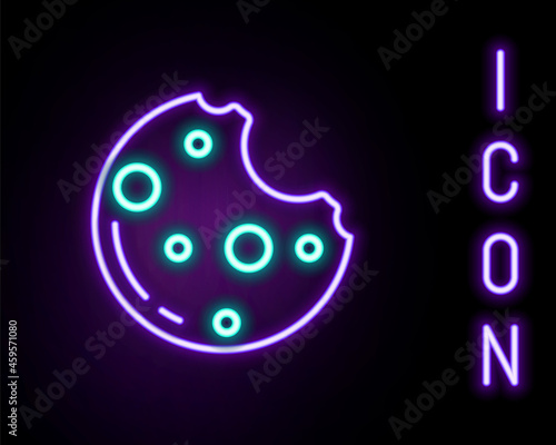Glowing neon line Chocolate cookies with marijuana leaf icon isolated on black background. Weed, ganja, medical and recreation cannabis. Colorful outline concept. Vector