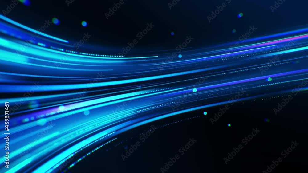 Technology background with abstract digital flow. Colorful light trails animation with bright particles. Cyber space texture with colorful energy stream motion. Seamless loop.