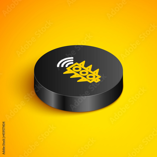 Isometric line Smart traffic light system icon isolated on yellow background. Internet of things concept with wireless connection. Black circle button. Vector