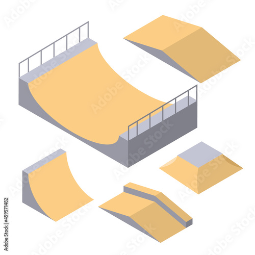 Skatepark elements vector wooden isometric court. Skateboard ramp freestyle bmx skate arena