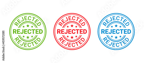 Rejected rubber stamp. Round sticker reject. Denied permit badge, label. Negative decision mark. Red, blue, green seal imprint. Retro circular emblem isolated on white background. Vector illustration.