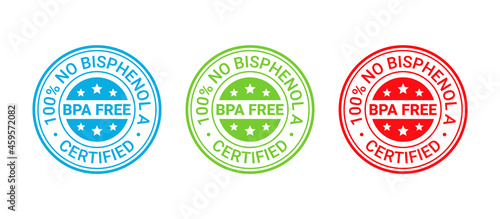BPA free stamp. No bisphenol icon. Non toxic plastic round badge, label. Certified seal imprint for eco package. Retro emblem. Vector illustration. Waste marks isolated on white background