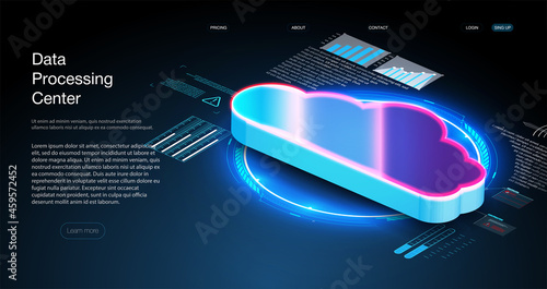 Web hosting or programming concept. Web programming development, laptop with UI UX interface. Computer web data center server isometric landing vector page. Vector illustration