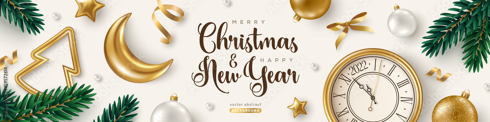 Merry Christmas and Happy New Year 2022 Banner with Xmas Tree Branches, Golden Baubles, Moon and Clock Bright Background. Vector illustration. Winter holiday template design, poster, flyer, voucher - obrazy, fototapety, plakaty 