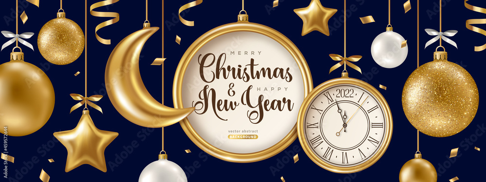 Merry Christmas and Happy New Year 2022 Banner with Hanging Golden Baubles  and Circle Frame. Glitter Background with Confetti, Gold Moon and Stars.  Vector illustration. Glowing Invitation Template. Stock Vector | Adobe Stock