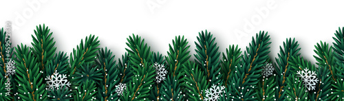 Merry Christmas fir tree branches garland with paper cut snowflakes on white background. Vector illustration. Holiday seamless border frame template, poster, brochure voucher design. Place for text.