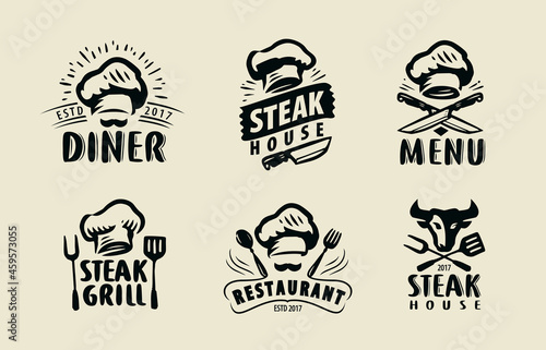 Restaurant label set. Gourmet chef food emblems, kitchen workshop or cooking club labels vector illustration