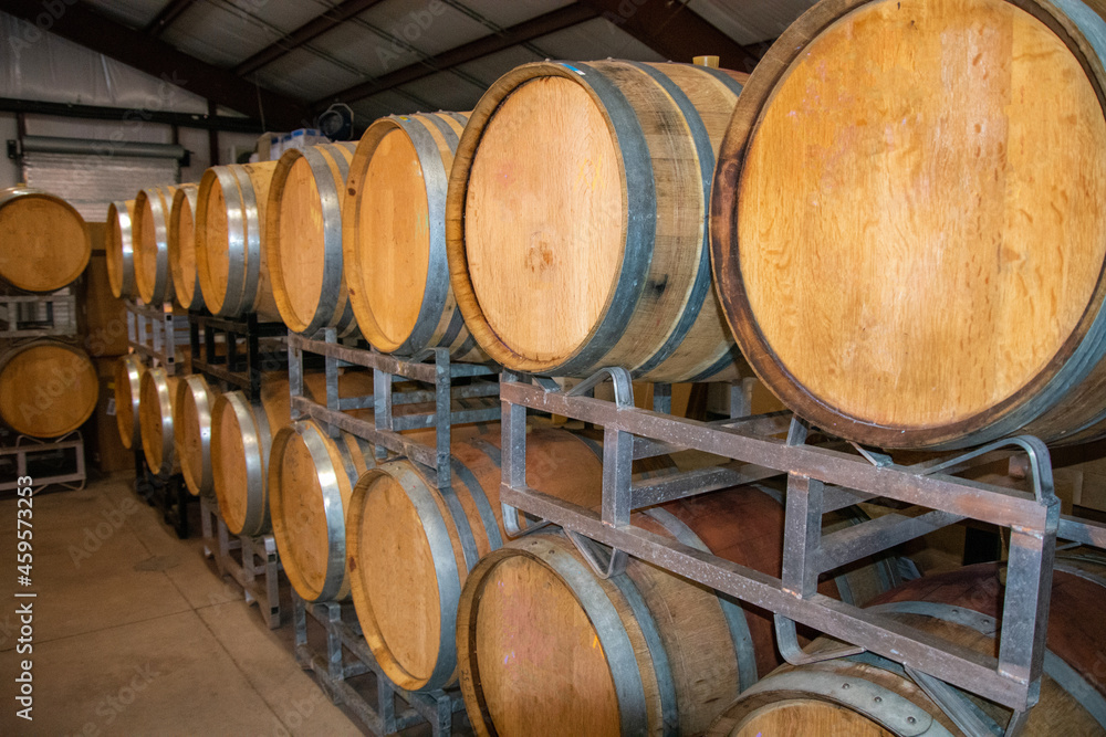 Oak barrel in a vineyard in Niagara, Ontario, Canada