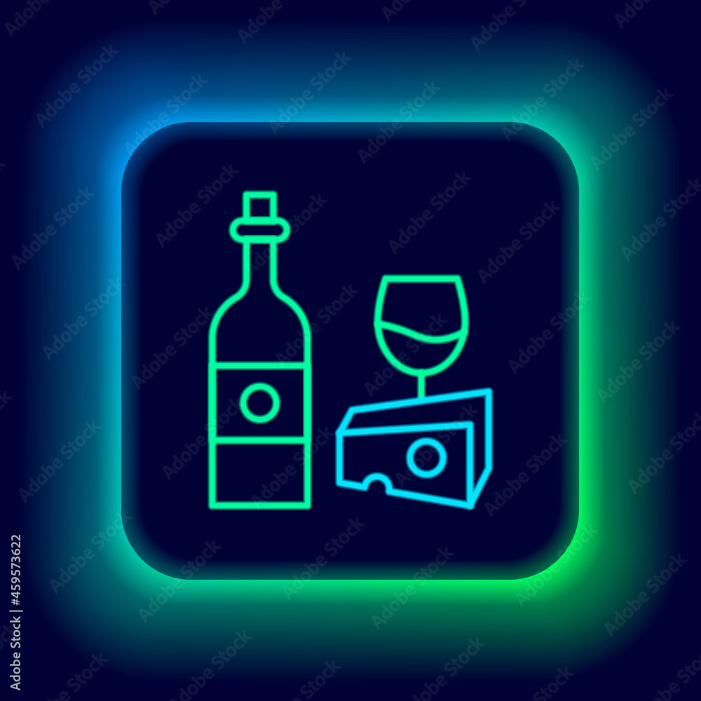 Glowing neon line Wine bottle with glass and cheese icon isolated on black background. Romantic dinner. Colorful outline concept. Vector Glowing neon line Wine bottle with glass and cheese icon isolated on black background. Romantic dinner. Colorful outline concept. Vector