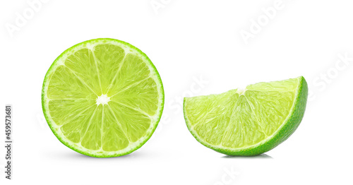 Half and slice of lime fruit isolated on white background