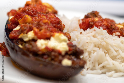 stuffed aubergine with tomatoes and rice 
