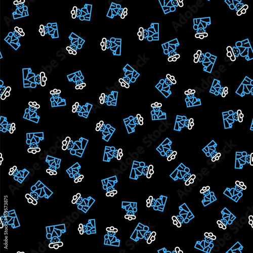Line Spain bullfight, matador icon isolated seamless pattern on black background. Traditional Spanish entertainment. Vector