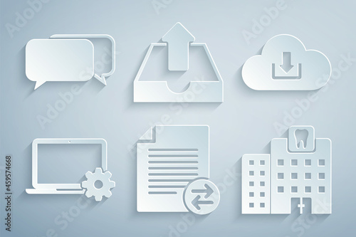 Set Transfer files, Cloud download, Laptop and gear, Dental clinic, Upload inbox and Chat icon. Vector