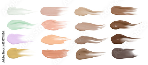 Foundation smears. Makeup concealer base. Isolated paint swatch. Liquid brown background. Foundation cream isolated on white. Face care product. Cosmetic vector powder. Foundation smudges.