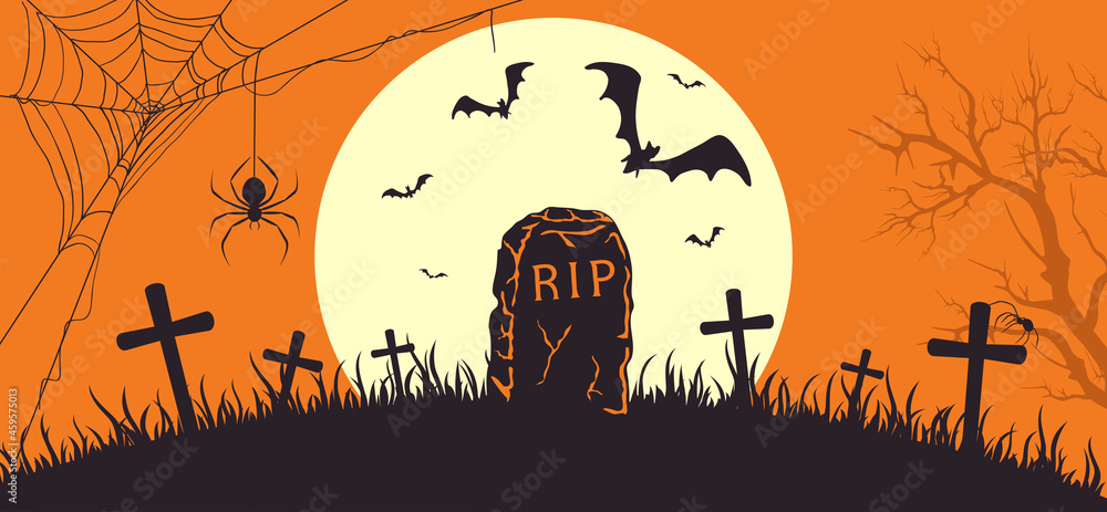 Orange Halloween Banner with Tombstone