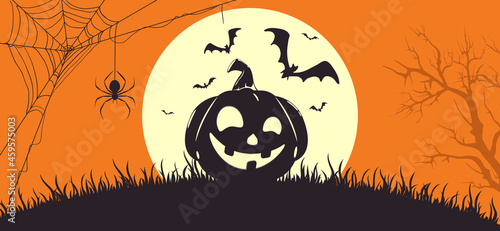 Orange Halloween Banner with Happy Pumpkin