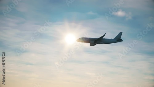 Aerial view of an airplane passing by the sun. Silhouette view of a plane flying in front of the sun gaining altitude. Animation of jet departure flying away in the sky.