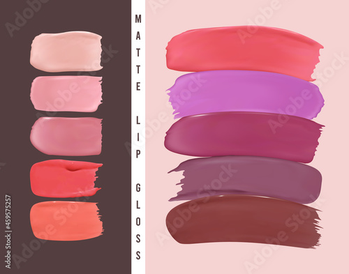 Lipstick samples. Abstract design with color nail splashes. Lipstick smear illustration. Vector cosmetic texture. Color make up background. Red realistic brush strokes. Lipstick stains set.