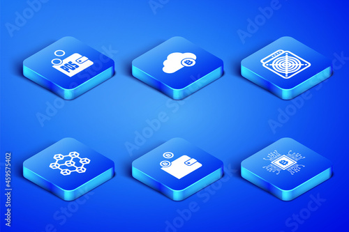 Set CPU mining farm, Proof of stake, Cryptocurrency wallet, Blockchain technology, cloud and ASIC Miner icon. Vector