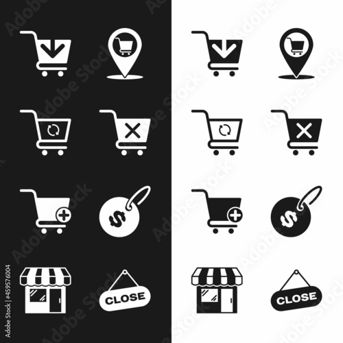 Set Remove shopping cart  Refresh  Add to Shopping  Location  Price tag with dollar  Hanging sign Close and Market store icon. Vector