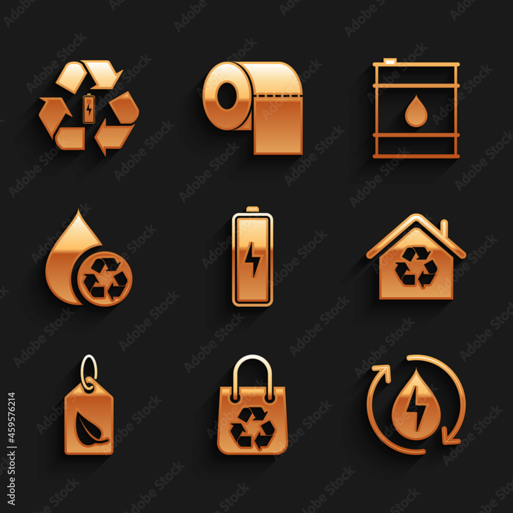 Set Battery, Shopping bag with recycle, Recycle clean aqua, Eco House recycling, Tag leaf, Oil barrel and icon. Vector Set Battery, Shopping bag with recycle, Recycle clean aqua, Eco House recycling, Tag leaf, Oil barrel and icon. Vector