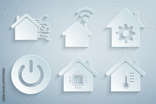 Set Smart home, settings, Power button, House temperature, with wi-fi and icon. Vector
