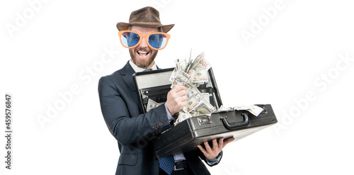 Being rich. Rich man isolated on white. Happy showman hold suitcase with money. Cash prize