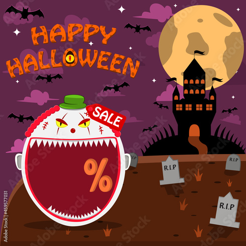 Halloween Character Head With Creepy Clown Head On Graveyard and Palace. Percent, Sale, and Dark Background