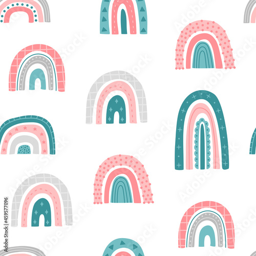 Kawaii rainbow seamless pattern, cute abstract pink colors shape, childish hand drawn repeat background in trendy modern doodle flat style. Vector illustration for textile, scrapbooking and wallpaper