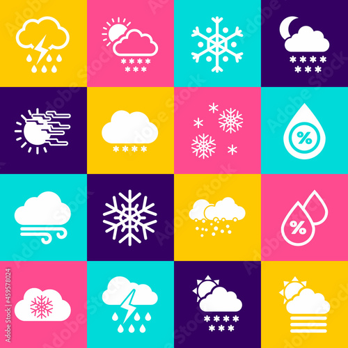 Set Fog and cloud with sun, Water drop percentage, Snowflake, Cloud snow and icon. Vector